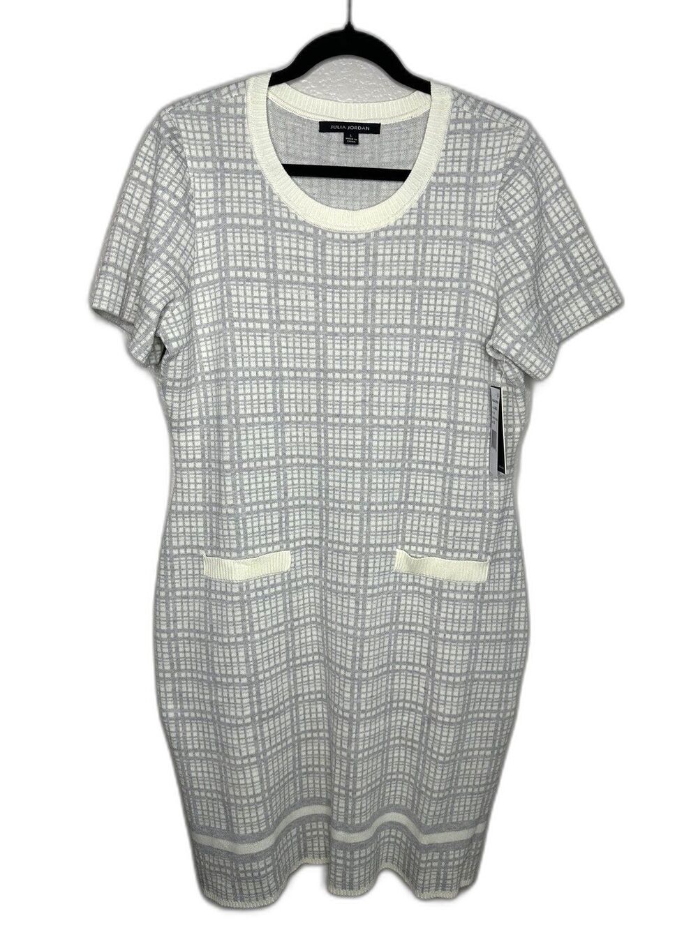 Julia Jordan Sweater Dress Womens Large Plaid Short Sleeve Pockets Knit